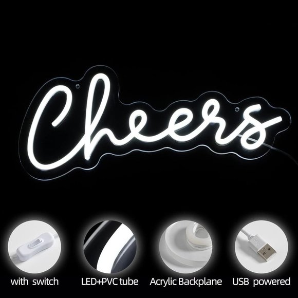Neon White Cheers Text Wall Hanging Anniversary Wedding Birthday Cute LED Sign - Picture 3 of 7